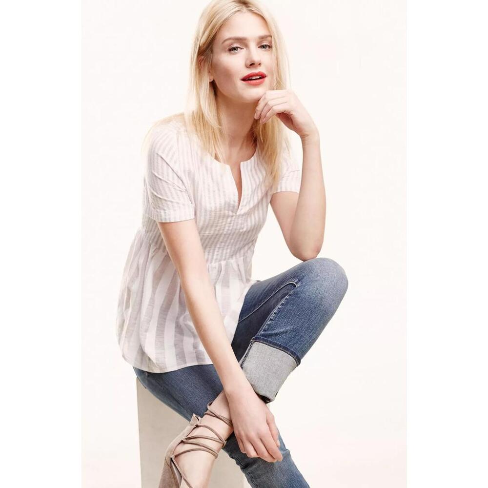 NWT 11.1 TYLHO Women's Neutral Motif/Anthropologie Striped Peplum Blouse Sz M - Picture 2 of 6